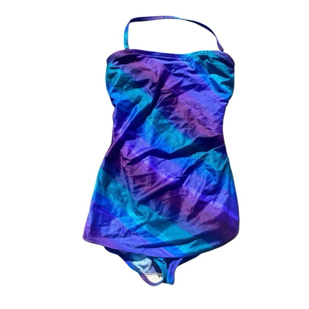 Jantzen Womens Vintage Purple Blue One Piece Halter Skirted Swimsuit